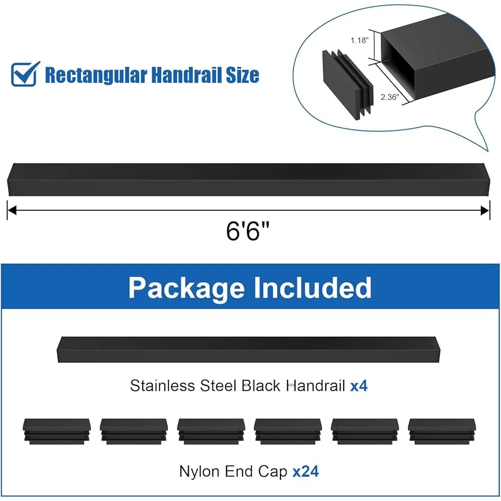 4Pack Stainless Steel Cable Railing Handrails Cuttable Rectangular Handrail Flat Top Rail with Nylon End Caps Durable Support