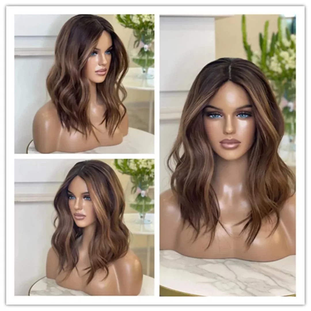 

18 Inches Synthetic Wig Body Wave Shoulder Dark Chestnut Brown Lace Top Wig For Women Highlight High Quality Full Wigs Daily Use