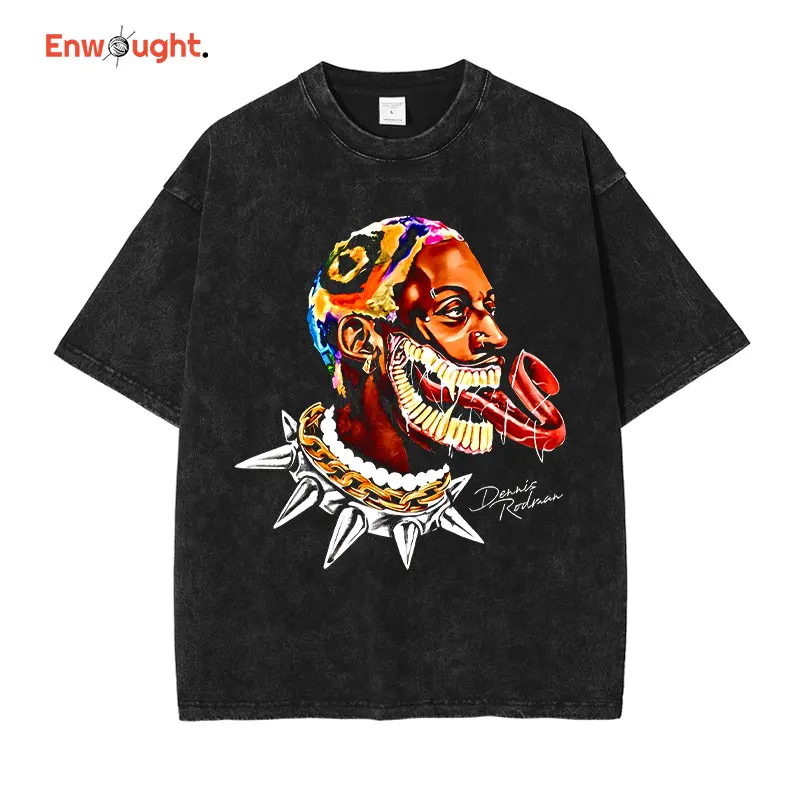 Dennis Rodman T-Shirt The Worm Streetwear Vintage Washed Basketball Star Printed T Shirt Casual Fashion Hip Hop Top Tees Cotton