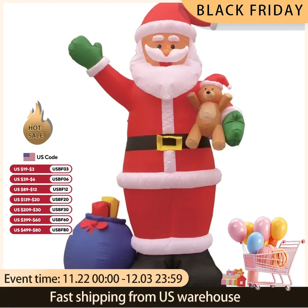 Christmas Inflatable 12Ft Tall Huge Santa Claus with Gift Bag and Bear Lights Blow Home Family Decor Yard Christmas Inflatable