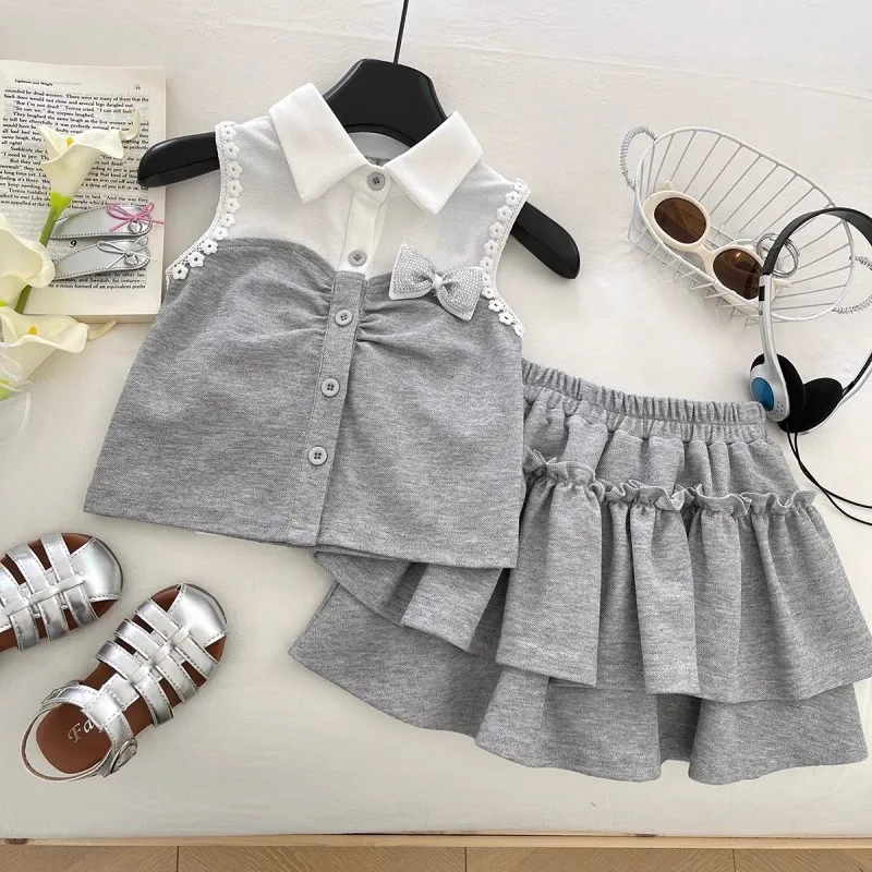 Girls Summer College Style Jk Suit 2025 New Foreign Style Children's Fake Two-piece Shirt Short-sleeved Girls Skirt