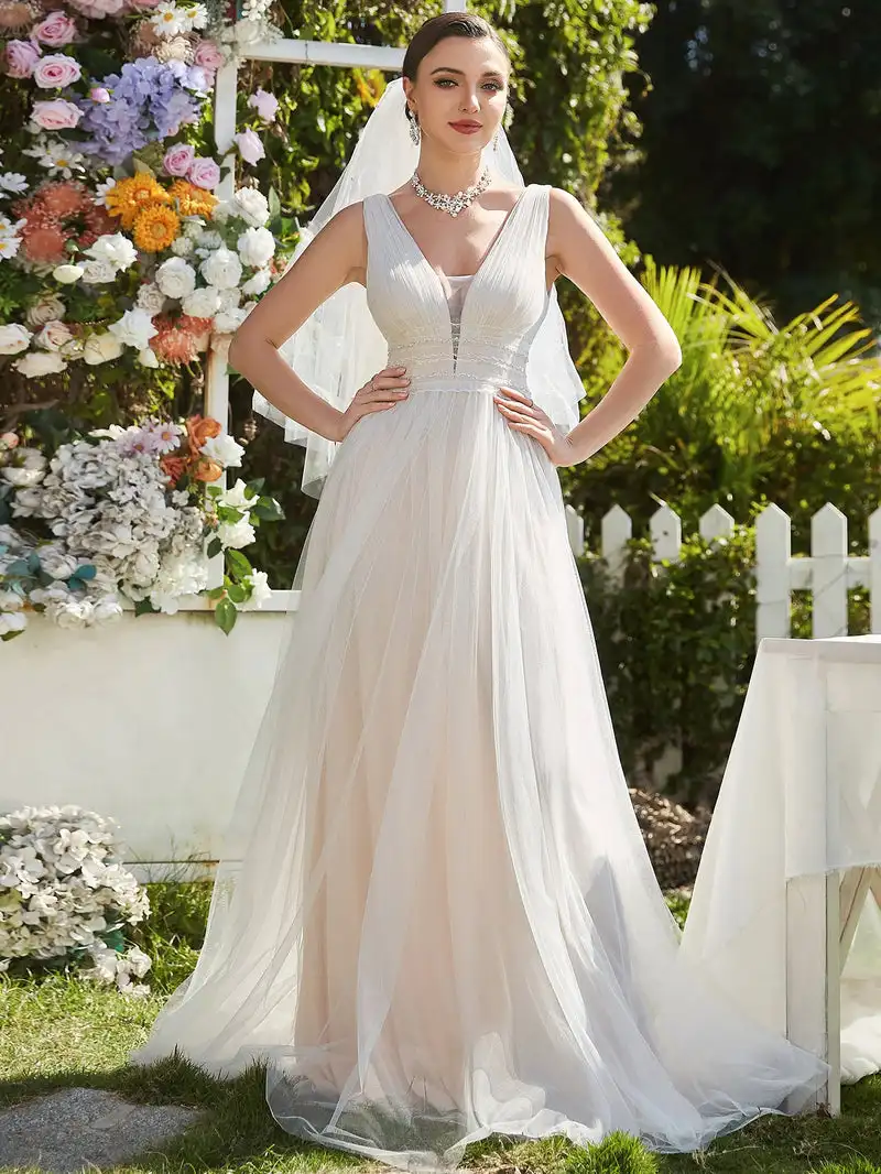 Vestidos de casamento elegantes com decote em v profundo sem costas sem mangas 2024 novo sempre bonito de simples linha a silhueta marfim vestidos de noite