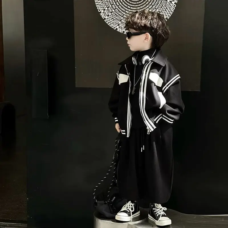 

Baby Boys Children Suits Autumn Kids Fashion casual Black Stripe Zipper Jacket Coats+Loose Pants Streetwear Handsome 2Pcs Sets