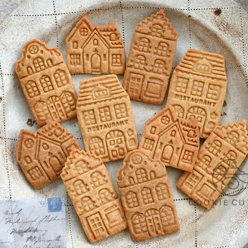 3D Christmas Gingerbread House Cookie Cutters Set Handmade Nordic Cottage Biscuit Stamp Fondant Embosser Cake Decorating Tools