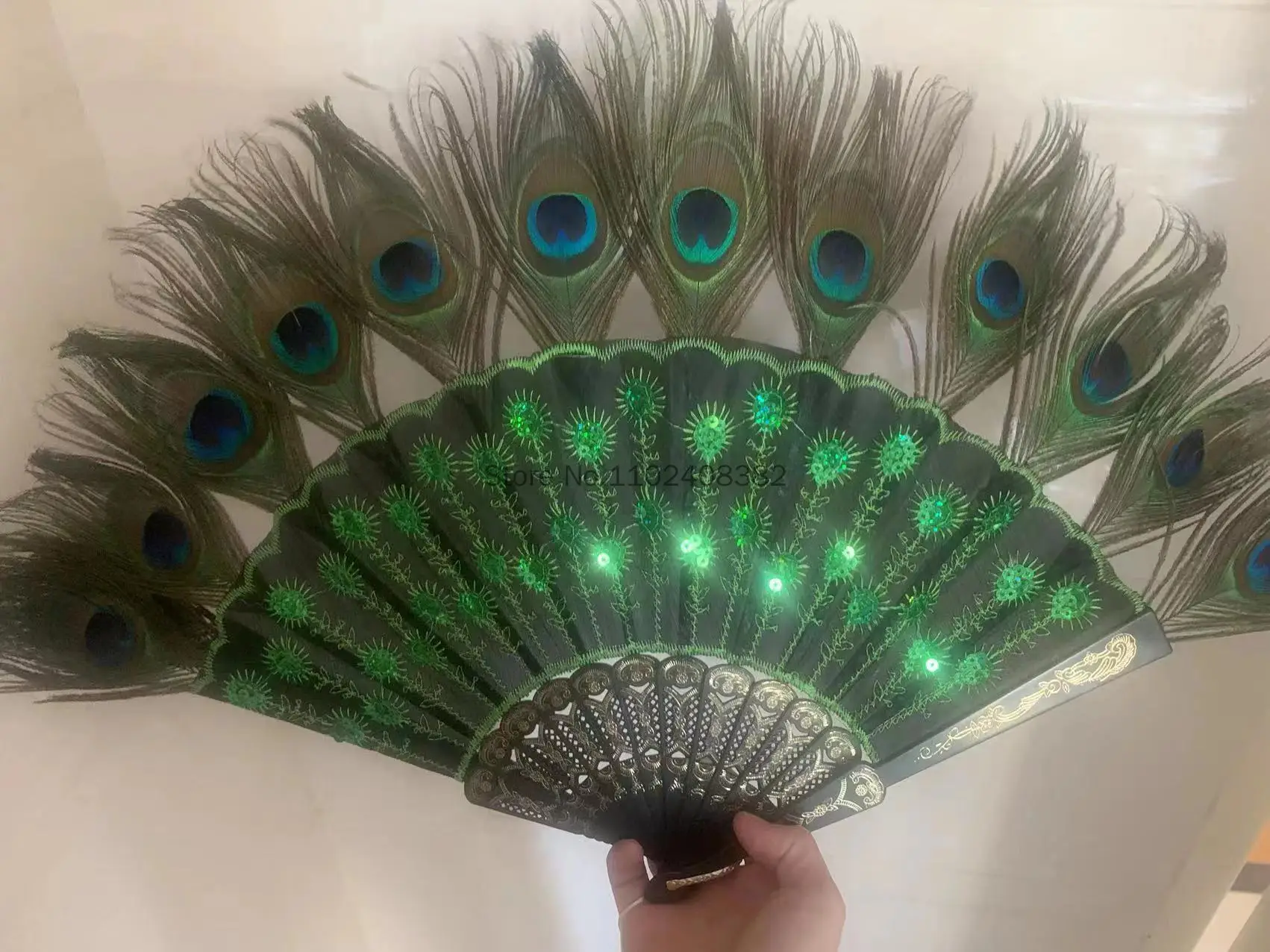 Peacock Feather Folding Fan Sequin Embroidery Dance Fan Wing Spring Fan 1920s Flapper Ball Stage Performance Accessories Gift