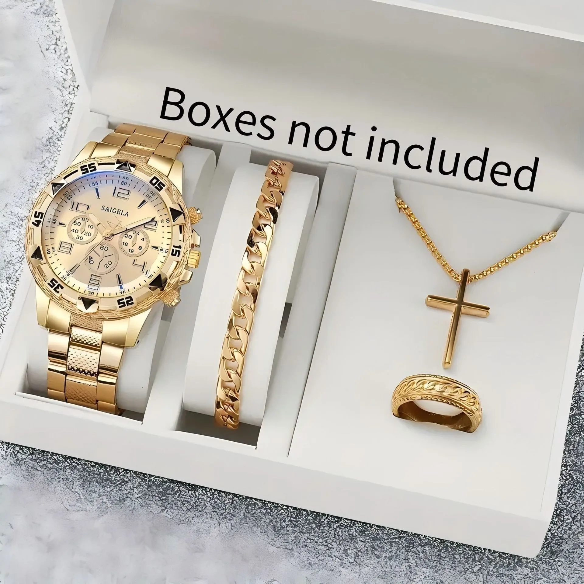 4PCS Men's Watch Set Fashion Trend Business Quartz Watch Bracelet Ring Necklace Set Suitable for Daily Clothing Matching