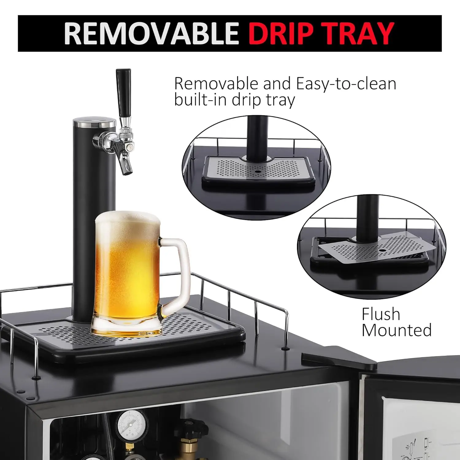 كيجيراتور بيرة من الفولاذ المقاوم للصدأ ، موزع بيرة بمسودة صنبور واحد ، ثلاجة برميل كاملة الحجم مع أرفف ، صينية تقطير وسكة حديدية