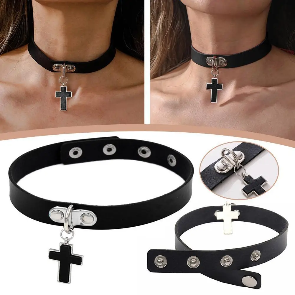 Punk Retro Geometry Sweet Cool Diablo Cross Necklace Dark Gothic Style Rivet Leather Collar Necklace For Women Turkey Haraj H4A8