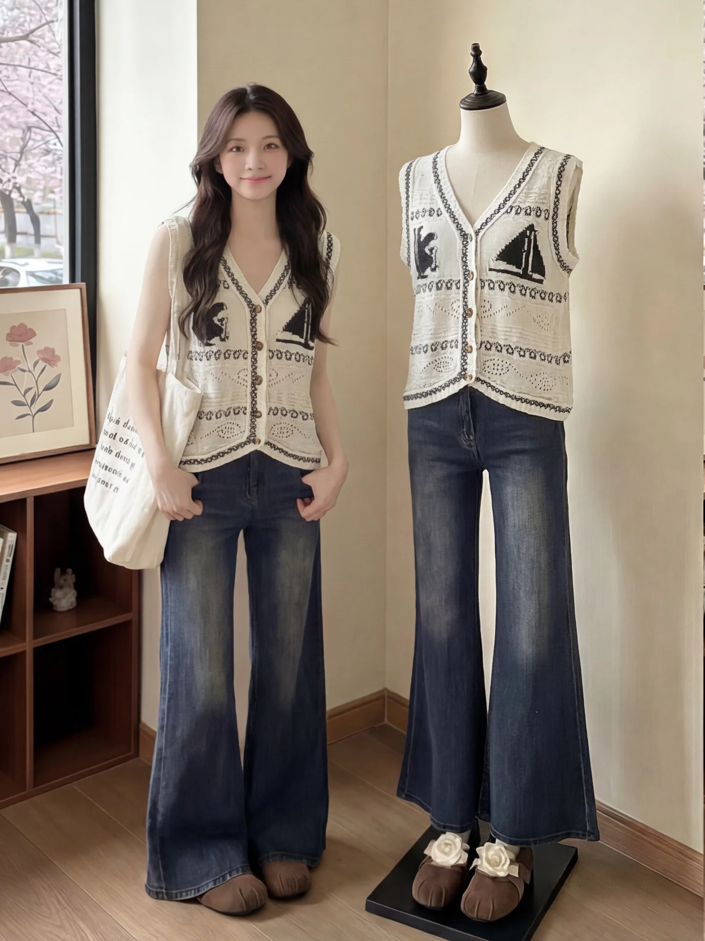 

Retro Color Block Knitted Vest Women's Summer Outerwear V-Neck Sleeveless Embroidered Casual Style Fashionable Layering Top