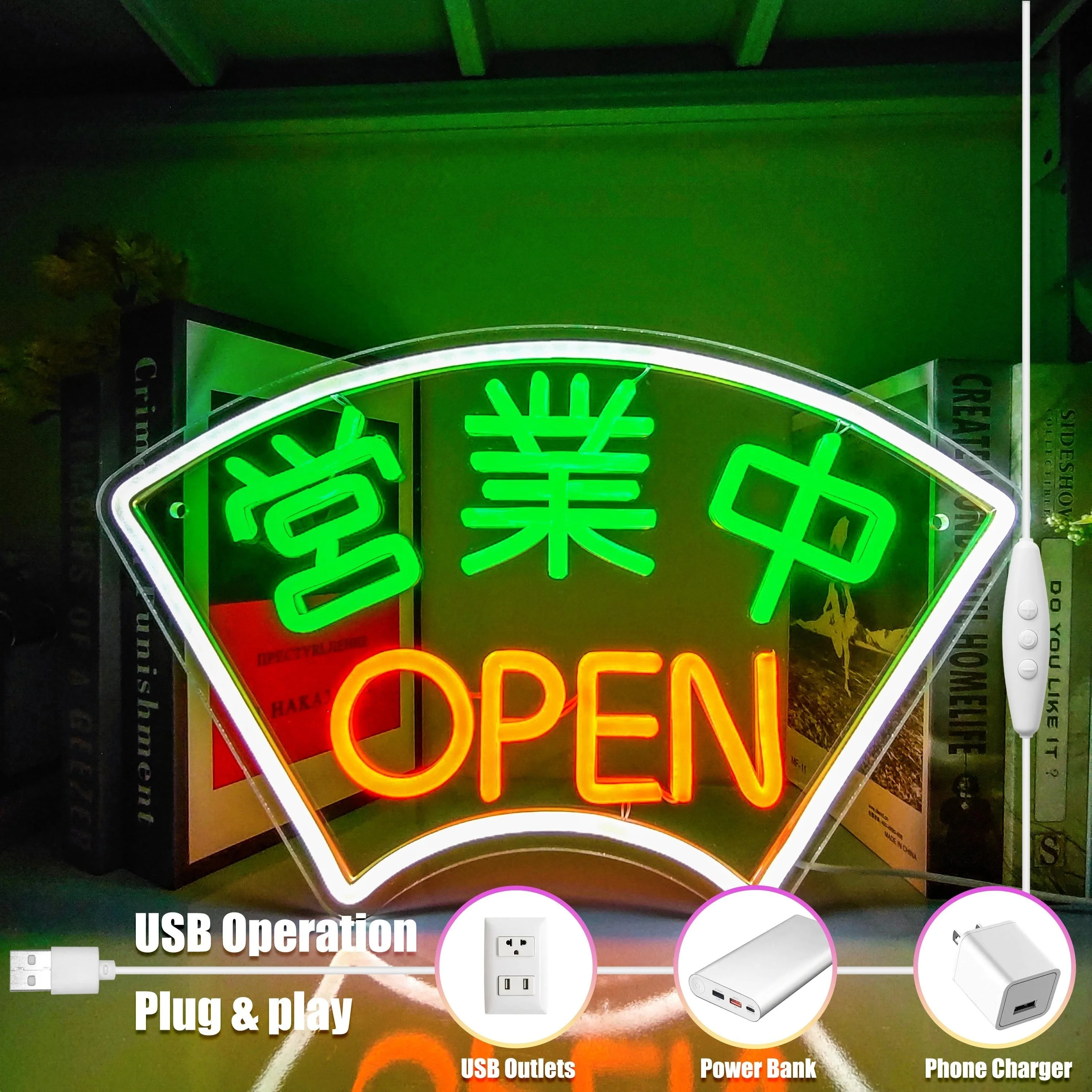 Japanese Open Neon Sign LED Neon Light USB Powered Dimmable for Restaurant Bar Shop Garage Workshop Business Decor Commercial