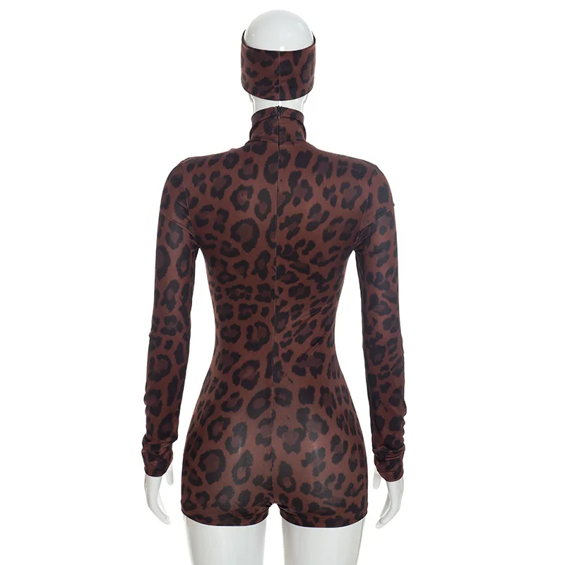 JENYAGE Damen Sexy Leopardenmuster Langarm Rollkragen Stretchiger Romper Bodycon Kurzer Jumpsuit mit Passendem Stirnband Clubwear – Detail 8