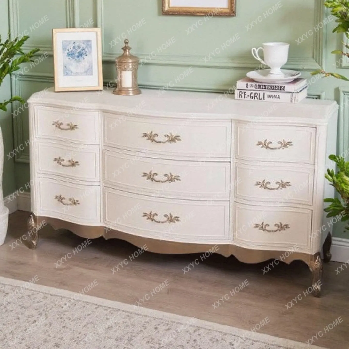 Bucket cabinet country solid wood carving flower locker antique drawer storage cabinet living room TV cabinet dining side