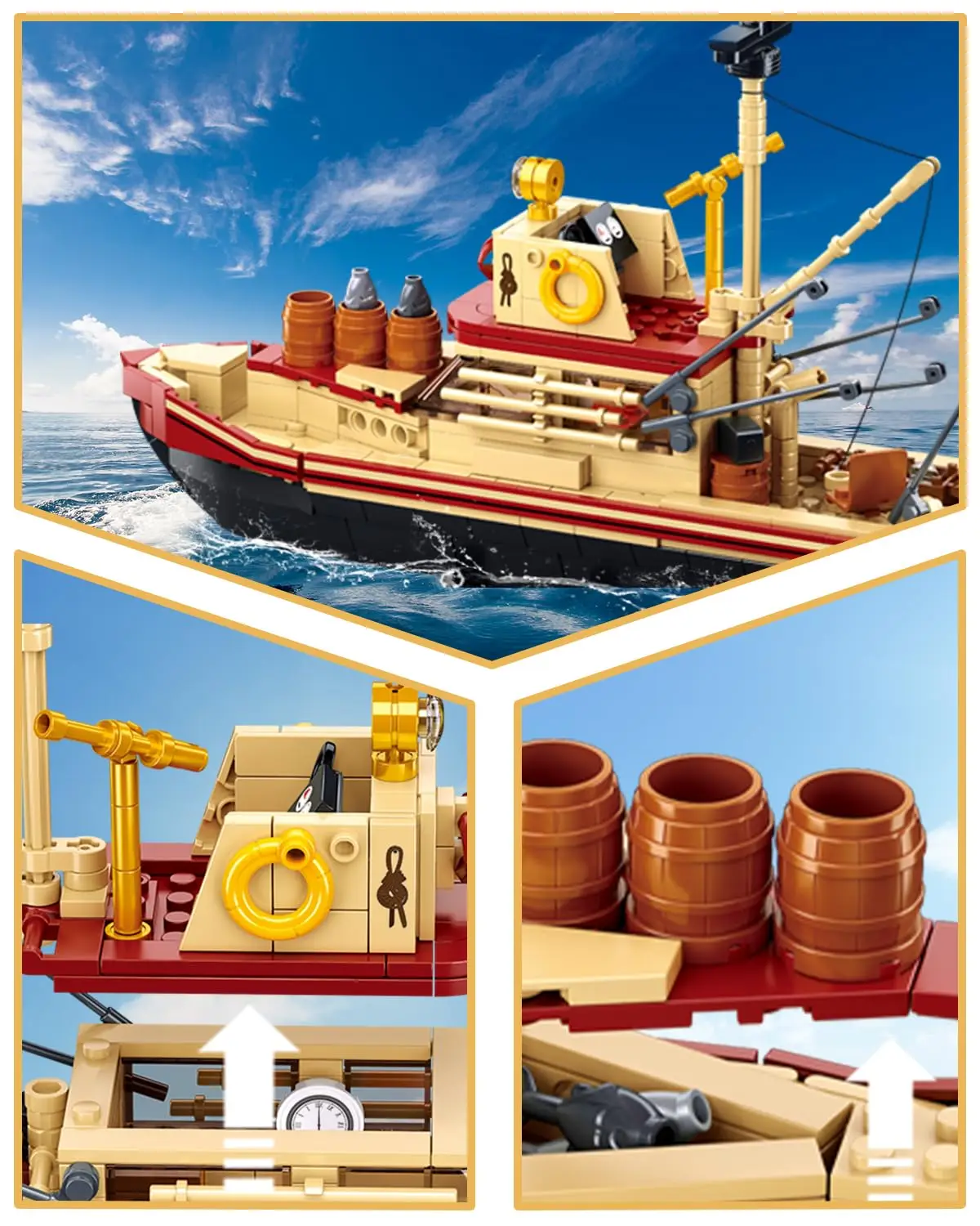 592PCS Great White Shark Fishing Boat Building Block Set With Mini Figures Desktop Ornaments Children's DIY Toy Birthday Gifts