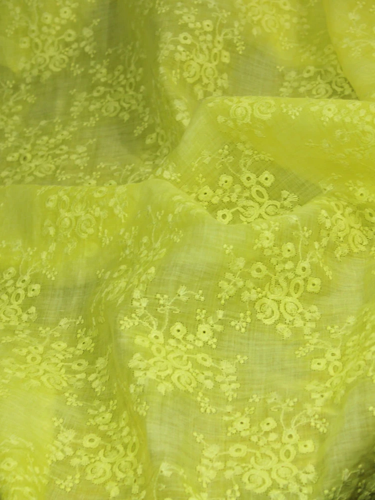 Fried Color Craft Lemon Yellow Pure Ramie Fabric Embroidered Linen Loose Dress Robe Clothing Fabric