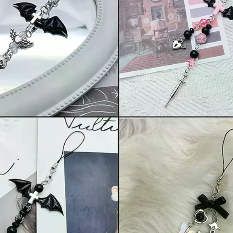 

Black Punk Y2K Phone Pendant Chain Cool Girl Sweet Charm With Cross Butterfly Accessories For Phone Bag Lanyard Keychain