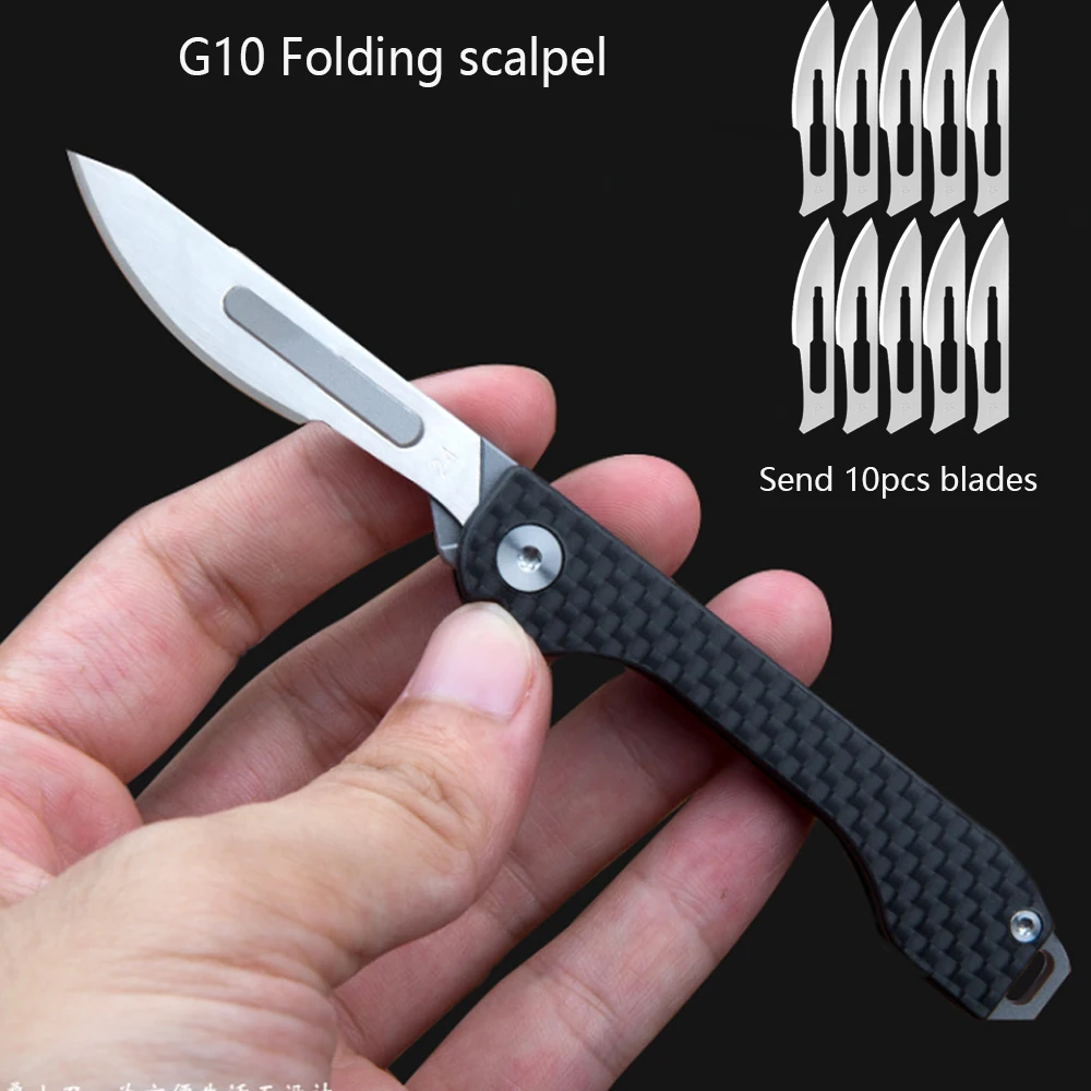 

Portable Folding Scalpel Stainless Steel G10 Folding Knife Outdoor Survival Camping Portable EDC Tool 10 Blades Free