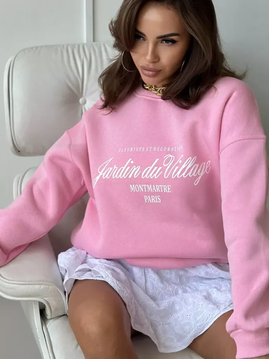 Women's Top American Retro Spring and Autumn European and American Style Ins Niche Printed Round Neck Hoodie