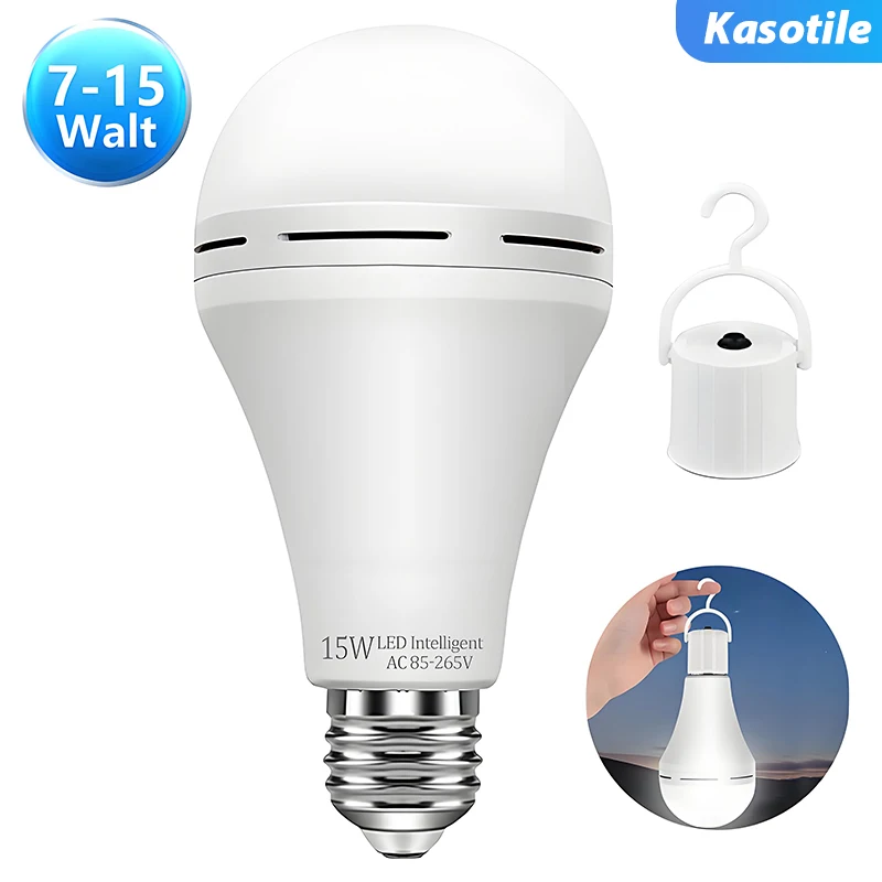 Kasotile 1 Pack Rechargeable Emergency Light Bulbs, Battery Powered LED Light Bulb 6000K Daylight E26/E272 7W/9W/12W/15W with 12