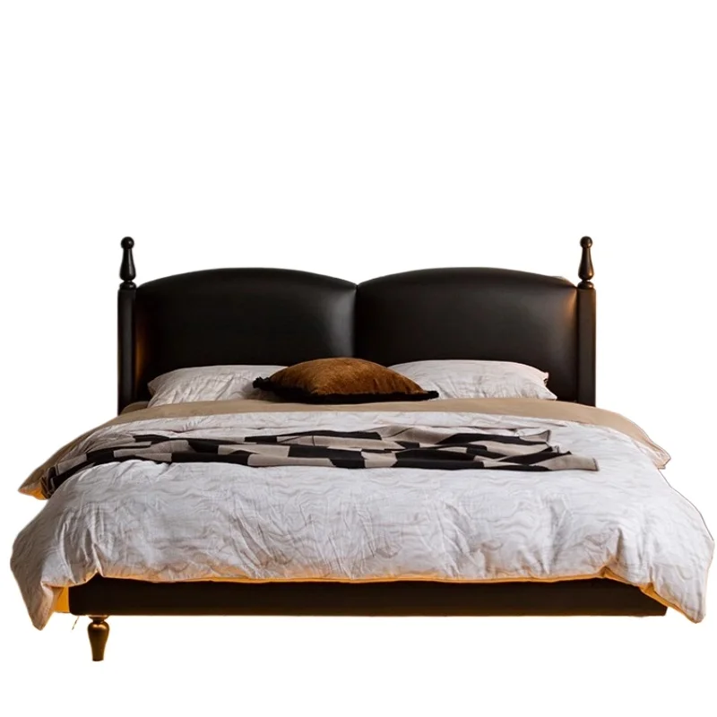 

French retro solid wood bed light luxury black leather bed medium ancient style flush edge floor master bedroom large bedroom