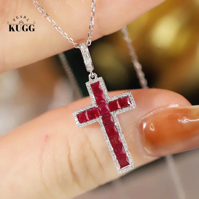 KUGG 100% 18K White Gold Necklace Elegant Cross Pendant Shiny Diamond Natural Ruby Pendant Necklace for Women High Party Jewelry