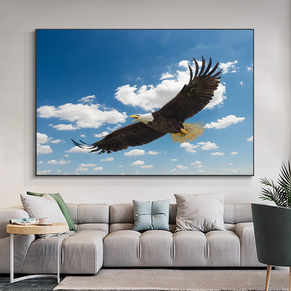 Eagle flying in the blue sky canvas print, wall poster art mural, hallway entrance, dorm, bedroom, home decor, unframed