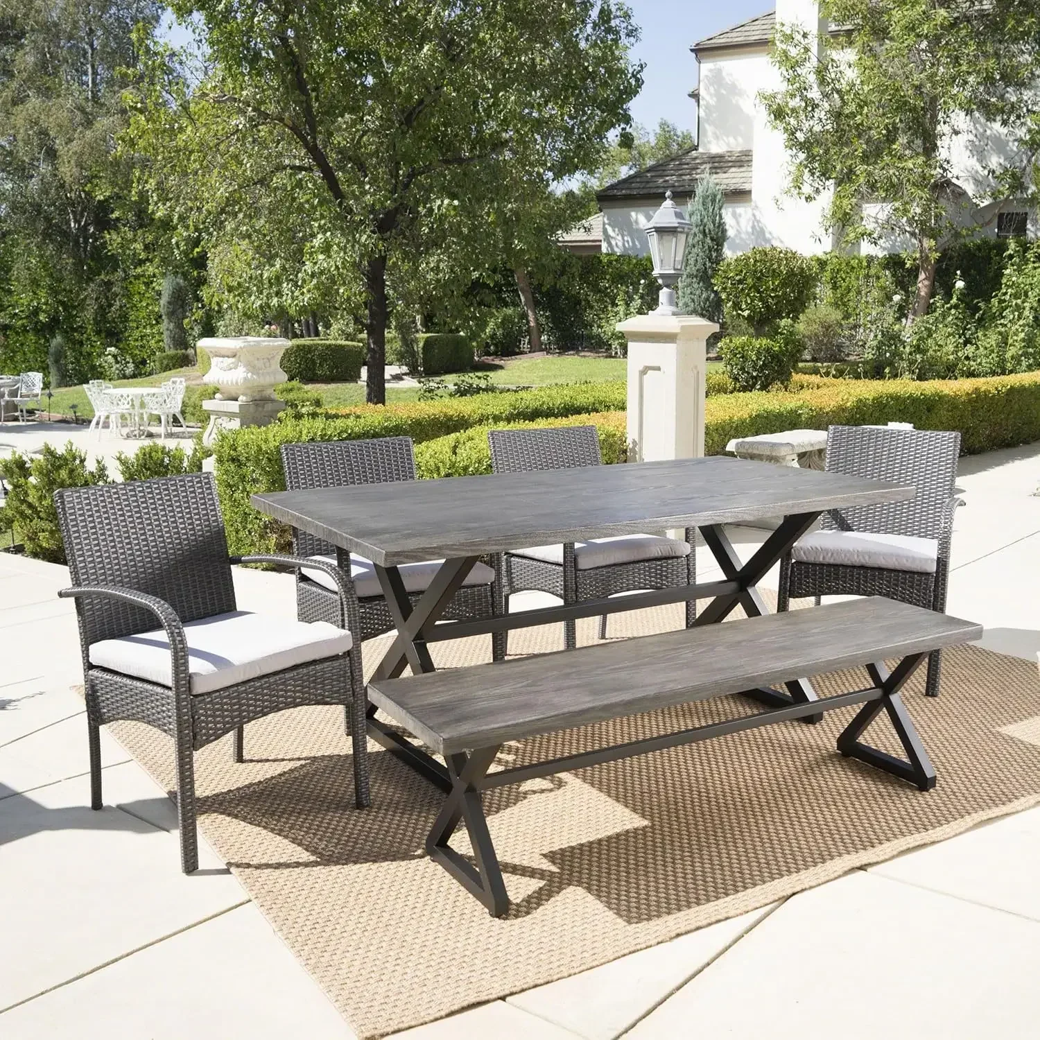 Martinique Outdoor 6 Piece Aluminum Set with Bench Wicker Dining Chairs with Grey