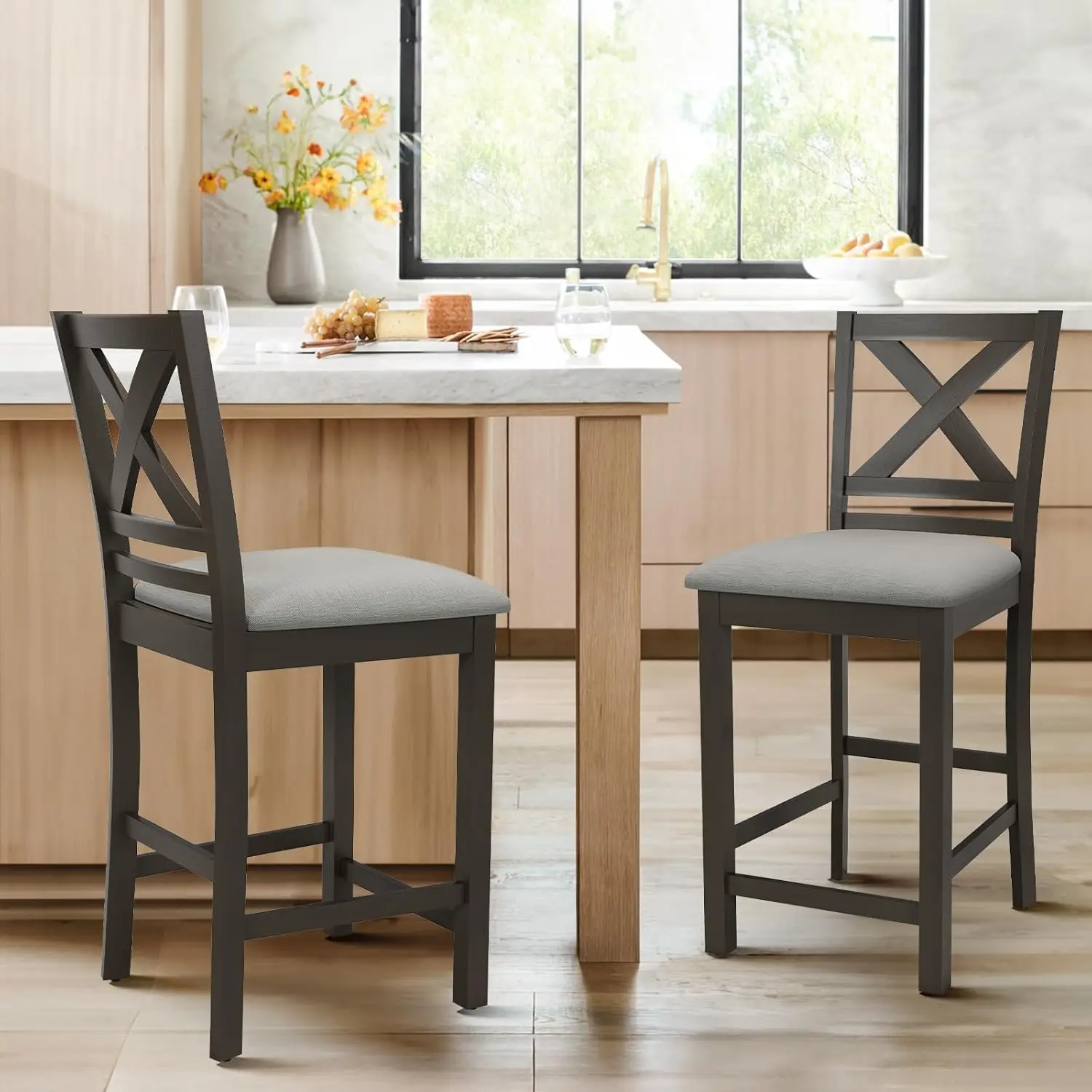 

Bar Stools Set Of 2, Counter Height Bar Stools, Mid Modern Barstools With Back, Wood Barstools For Kitchen Dining Room Bar,