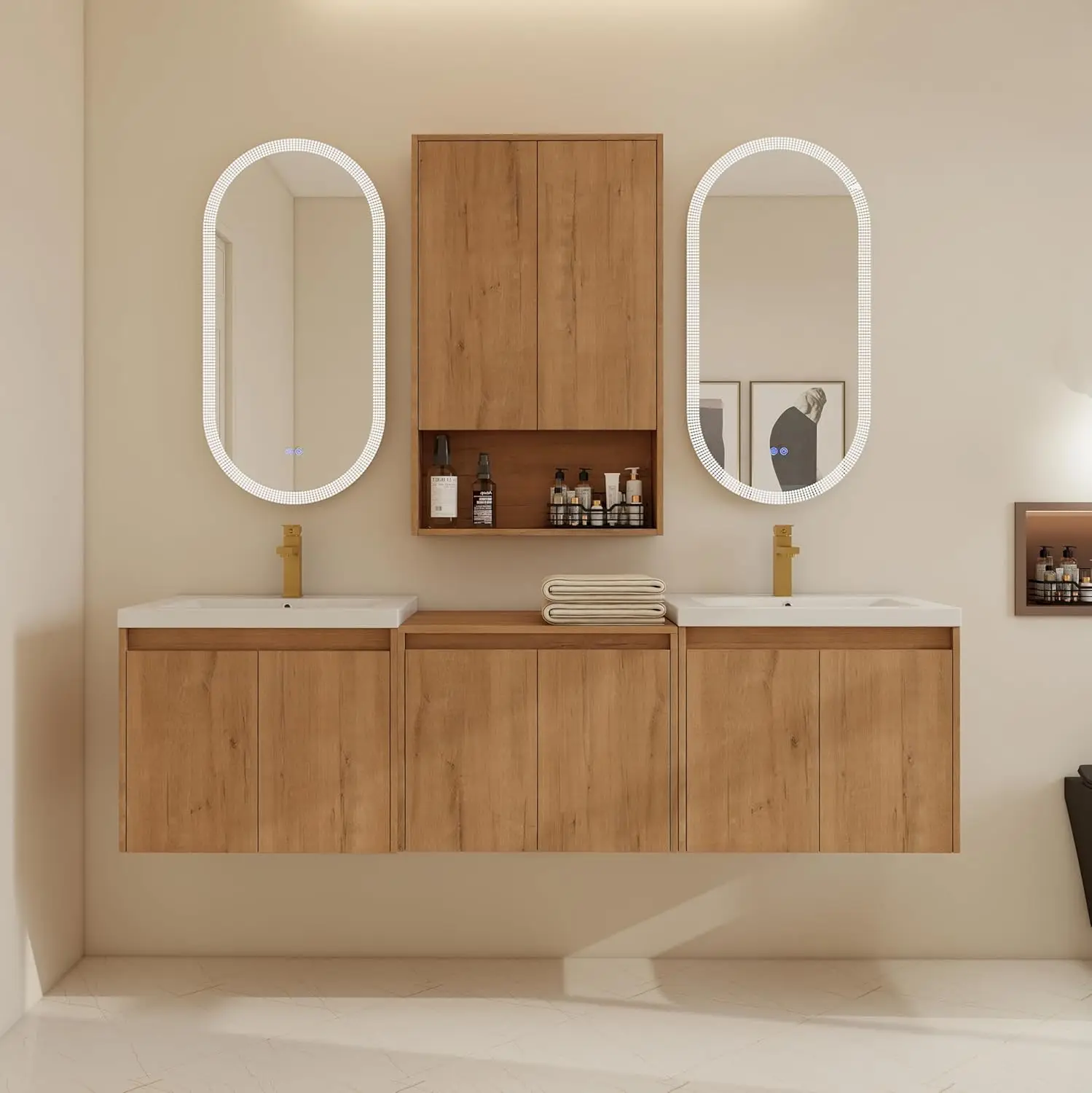 

72in Floating Double Sink Vanity Set Wall Mount Cabinet 6 Doors Side Storage Shelf Imitative Oak Customized
