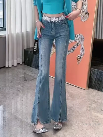 lace-stitching-denim-boot-cut-pants-women's-spring-summer-new-2024-high-waist-slim-fit-hot-rhinestone-split-denim-trousers-jeans