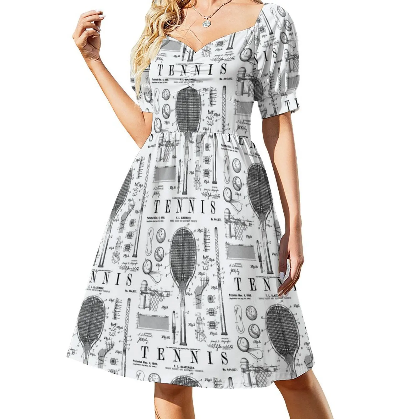 

Tennis Racket And Ball Old Vintage Patent Drawing Print Short Sleeved Dress Woman clothes women's evening dresses Dress