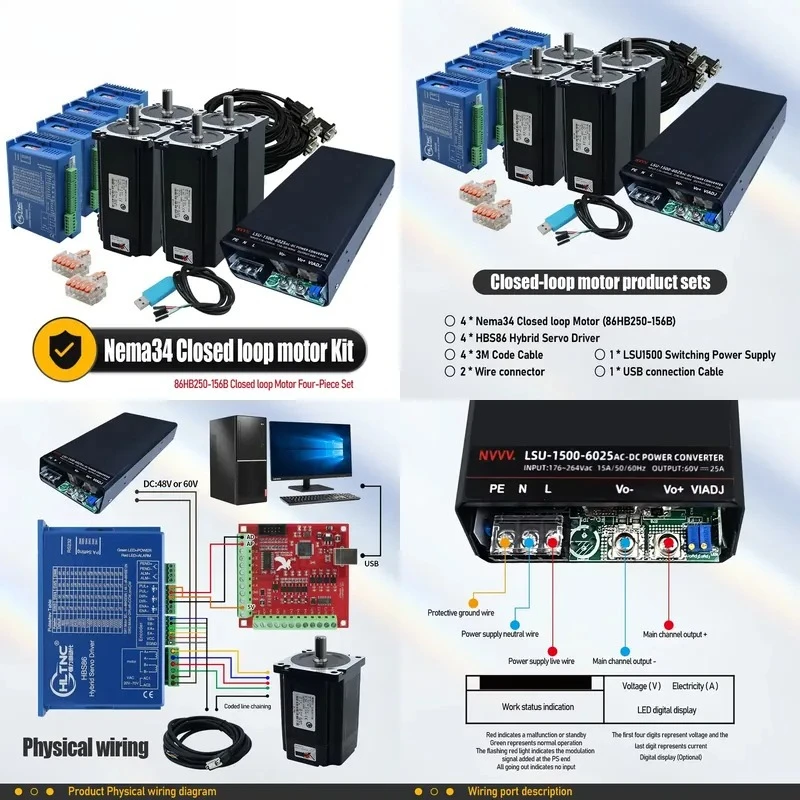 Closed Loop Motor 86HB250-156B HBS86 Hybrid Driver LSU 1500 Rail-type Switching Power Supply Kit for PLC Sensor
