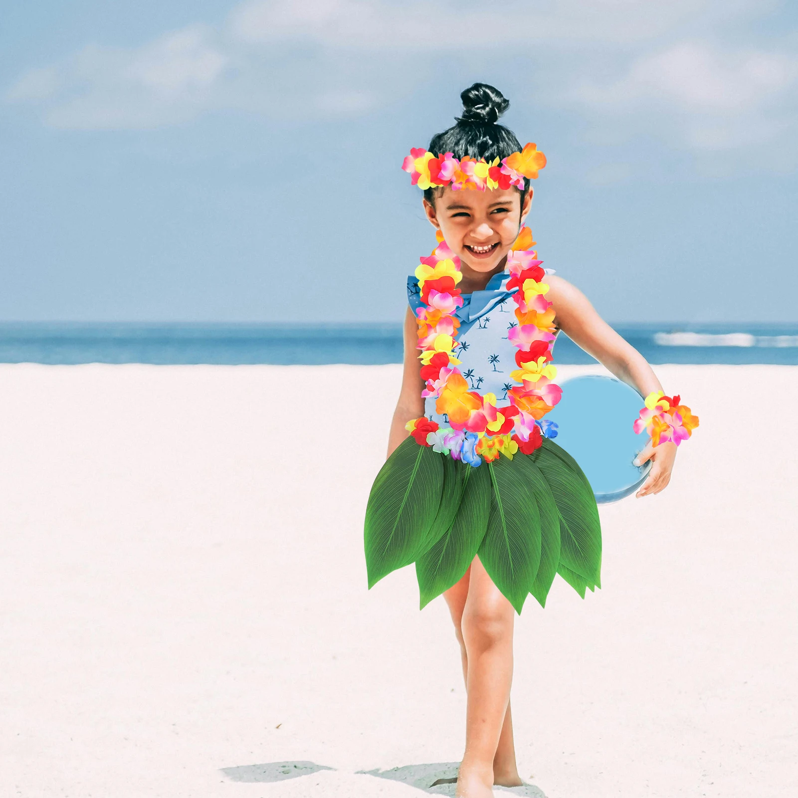 

1 set Hawaiian Leaf Grass Skirt Set Fabric Accessories Headband Bracelets Realistic Tropical Beach Costume Party Luau Festival