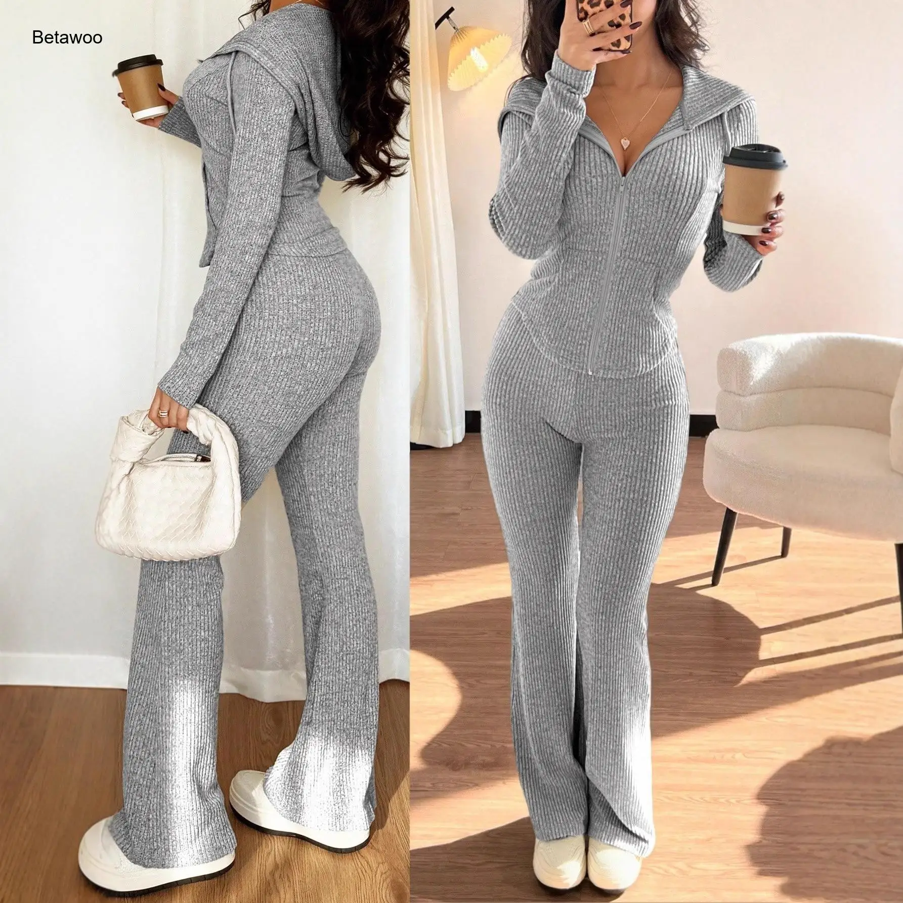 Women Solid Gray Textured Knit Hoodie Slim Flare Leg Pants Casual Loungewear Two Piece Set