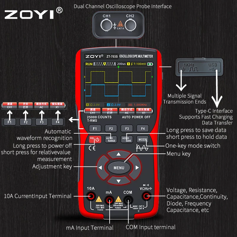 Imagem -03 - Zoyi-multímetro Digital Portátil Zt703 em Osciloscópio de Canais Gerador de Sinal para Eletricista