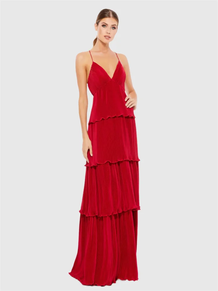 Customized Elegant Ruffled Tiered Maxi Dress Spaghetti Straps V Neck Cross Strap Back Layered Ruffled Skirt Evening Gown