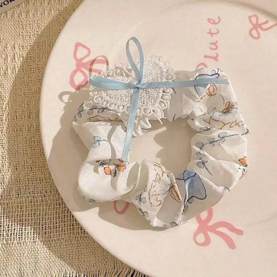 

Summer Blue Polka Scrunchie Women With High-End Lace Hair Tie Ponytail Elastic Hair Accessory
