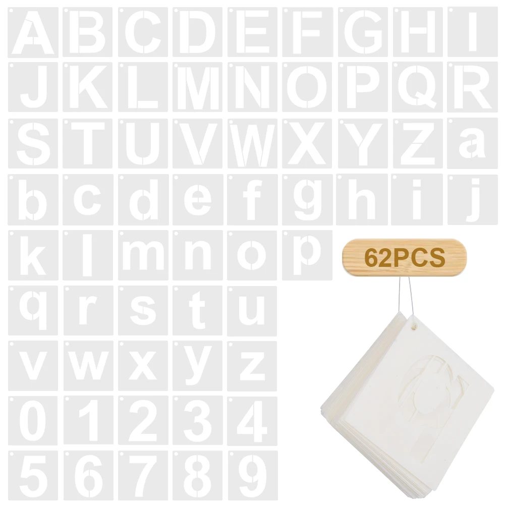 ลายฉลุร่างตัวอักษร62ชิ้น/เซ็ตใช้ซ้ำได้สำหรับการวาดภาพบนศิลปะไม้ตัวอักษรตัวเลขเทมเพลตการวาดภาพโรงเรียนงานฝีมือผ้าติดผนัง