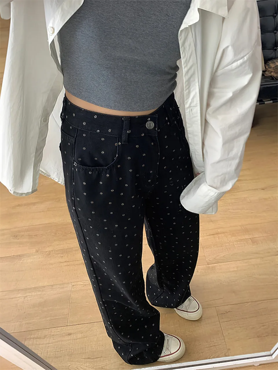 

Autumn Winter Polka Dot Print Wide Leg Jeans Women High Waist Loose plus Size Drapey Floor Length Pants Casual Sle