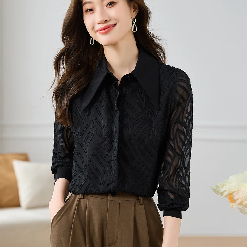 

Autumn New Long Sleeved Korean Style Women's Blouses Fashion Elegant Shirt Office Lady Black Mesh Long Sleeved Chiffon Shirt