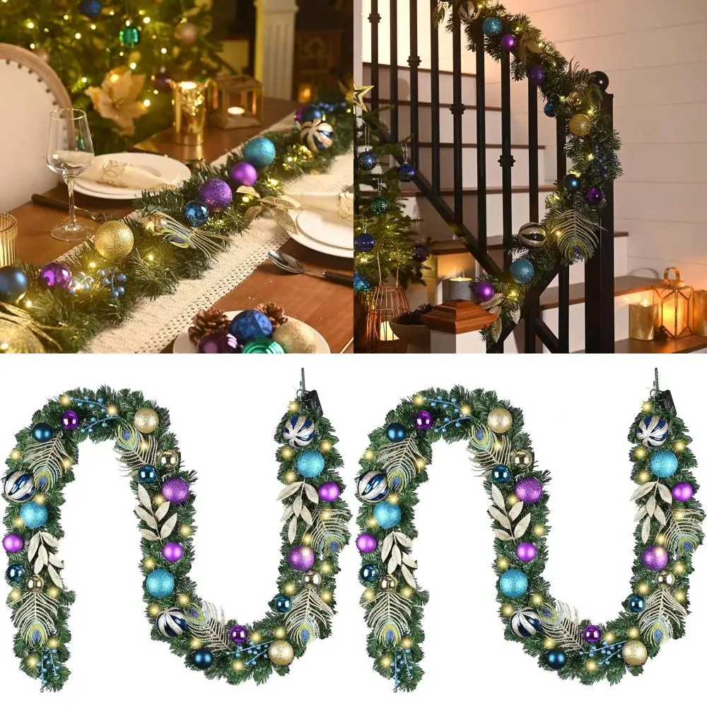 

Pre-Lit Christmas Garland with Peacock Feathers and Balls for Mantle, Indoor and Outdoor Holiday Decor, Ideal for Home Stairs, F