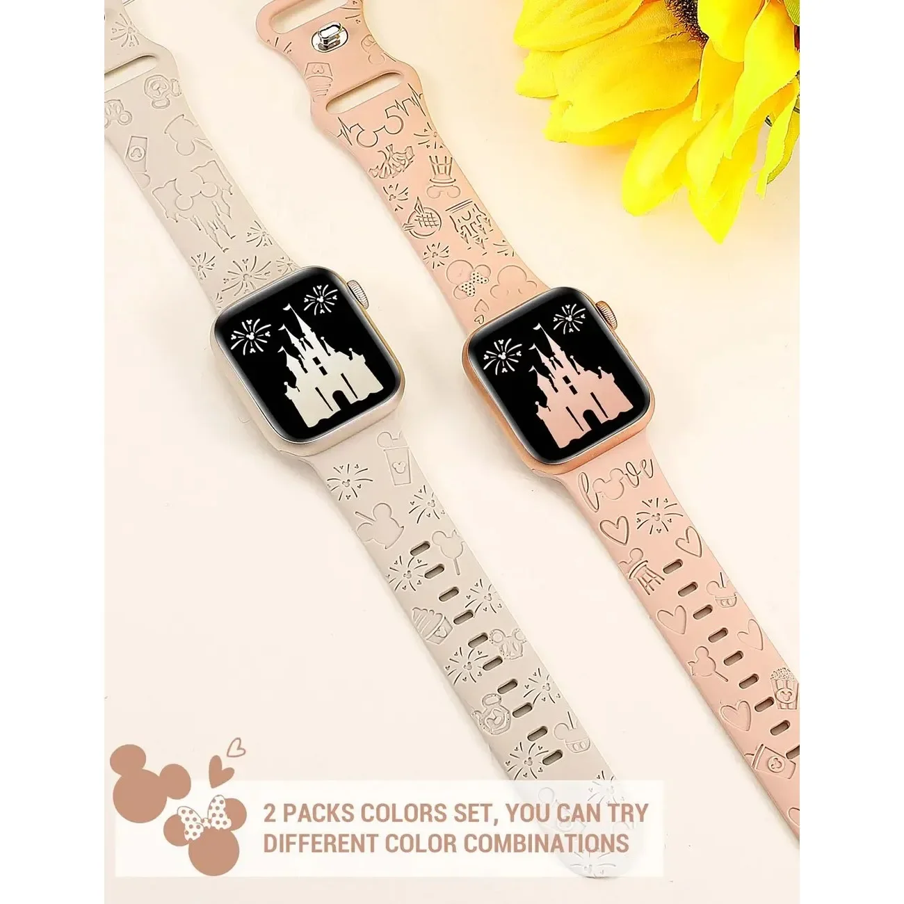 Silikonowa bransoletka dla Mickey Disney wygrawerowany kwiatowy pasek do Apple Watch 41mm 40mm 38mm uroczy iWatch serii 9/8/7/6/5/4/3/2/SE