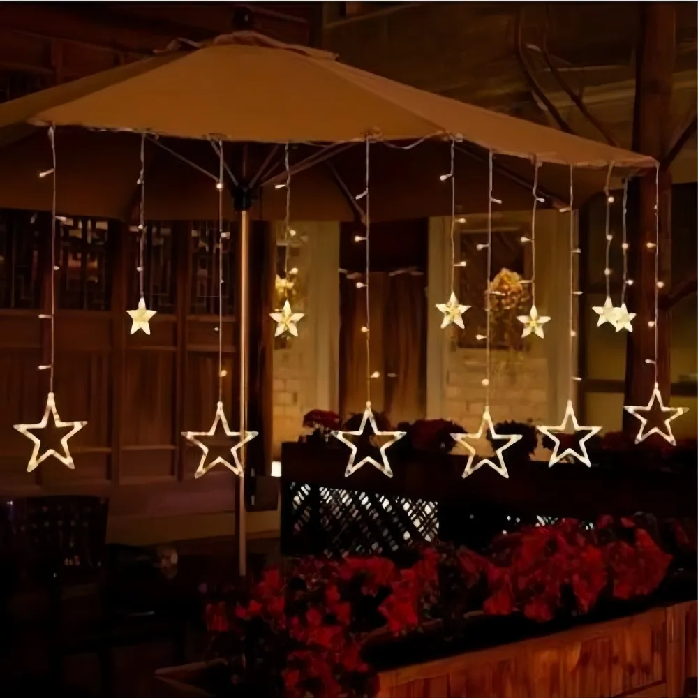 3.5M120LED Battery Powered Christmas Star Shaped Curtain Light,Warm Glow LED Fairy Light String, Holiday Bedroom Home Decoration