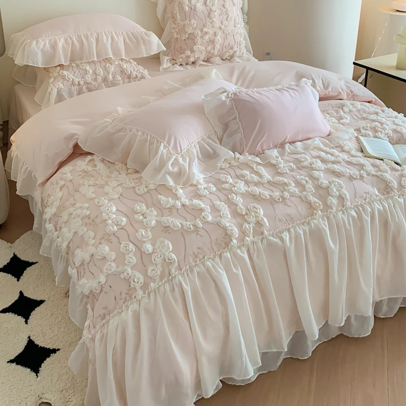 4Pcs Korean Princess Style Cotton 100% Bedding Set Three-Dimensional Chiffon Lace Duvet Cover 200x230 220x240 Four Seasons