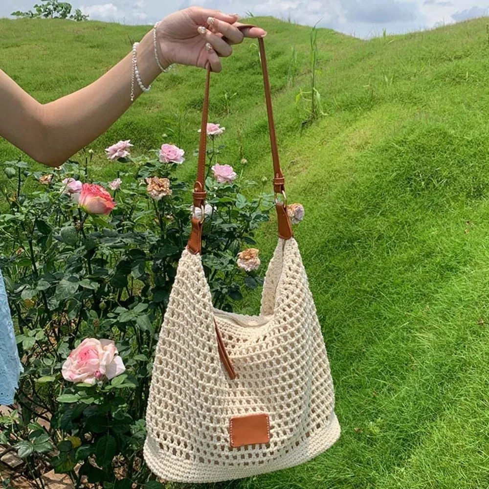 

Large Capacity Crochet Tote Bag Lightweight PU Strap Hollow Woven Bag Polyester Korean Style Knitting Handbag Female