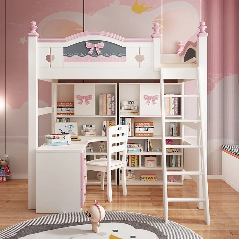 Go to bed Under table Upper and lower bunk Wooden bed Children girl Princess bed With desk Wardrobe Integrated multi-functional