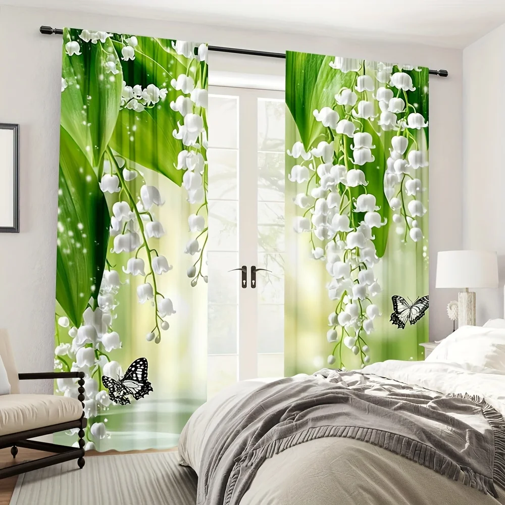 2pcs Lily Of The Valley Curtains White Flower Butterfly Print Drape Spring Bedroom Window Treatment Elegant Floral Home Decor