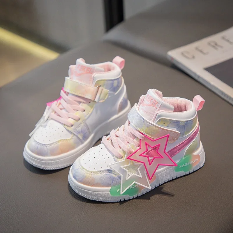 Girls Sneakers with Stars Color Matching Non-slip Fashion Children Princess High-top Sport Shoes Kids Casual Running Shoes