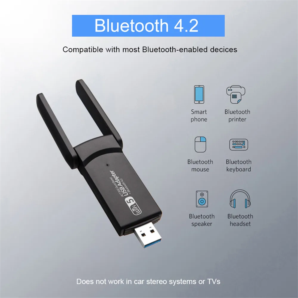 Adaptor Bluetooth 1300Mbps USB 3.0 WiFi, 2in 1 Dual Band kartu jaringan Wifi 5G/2.4GHz 802.11ac untuk Desktop Laptop