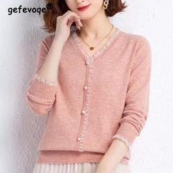 Women Ruffled Mesh Patchwork Elegant Chic Basic Knitwears Spring Autumn Female Fashion V Neck Long Sleeve Pullover Tops Jumpers