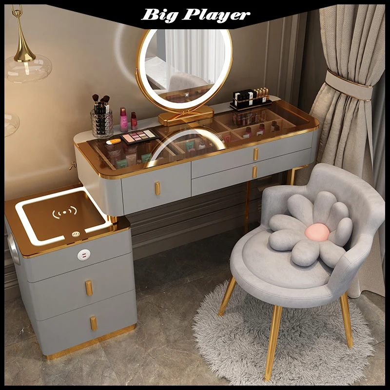 

Intelligent Dressing Table Tea Colored Tempered Glass Multifunctional Princess Dressing Table Modern and Simple